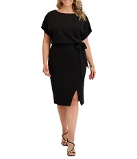Kensie Plus Size Crepe Scuba Short Sleeve Bow Detail Knee Length Dress