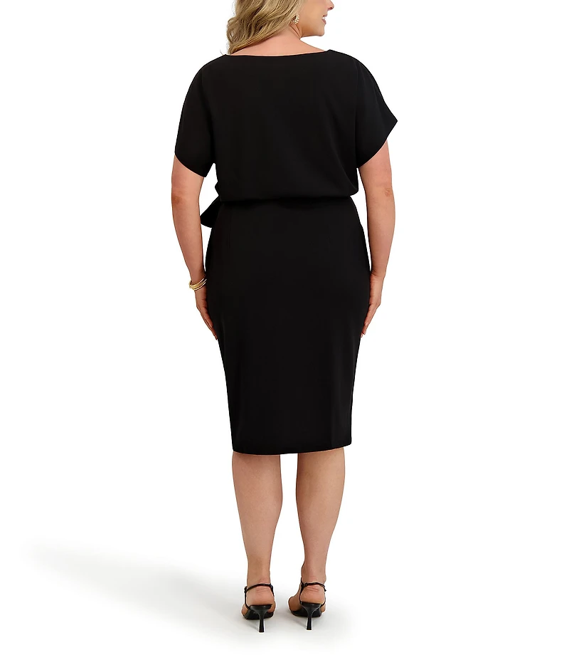 Kensie Plus Size Crepe Scuba Short Sleeve Bow Detail Knee Length Dress