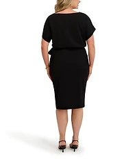 Kensie Plus Size Crepe Scuba Short Sleeve Bow Detail Knee Length Dress