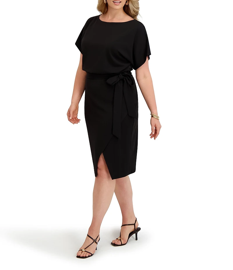 Kensie Plus Size Crepe Scuba Short Sleeve Bow Detail Knee Length Dress