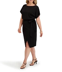 Kensie Plus Size Crepe Scuba Short Sleeve Bow Detail Knee Length Dress