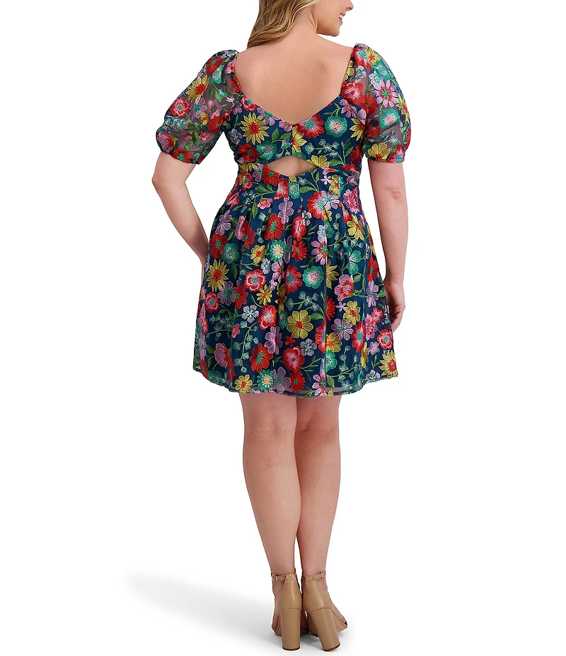 Kensie Plus Size Floral Embriodered Mesh Square Neck Short Puff Sleeve A-Line Dress