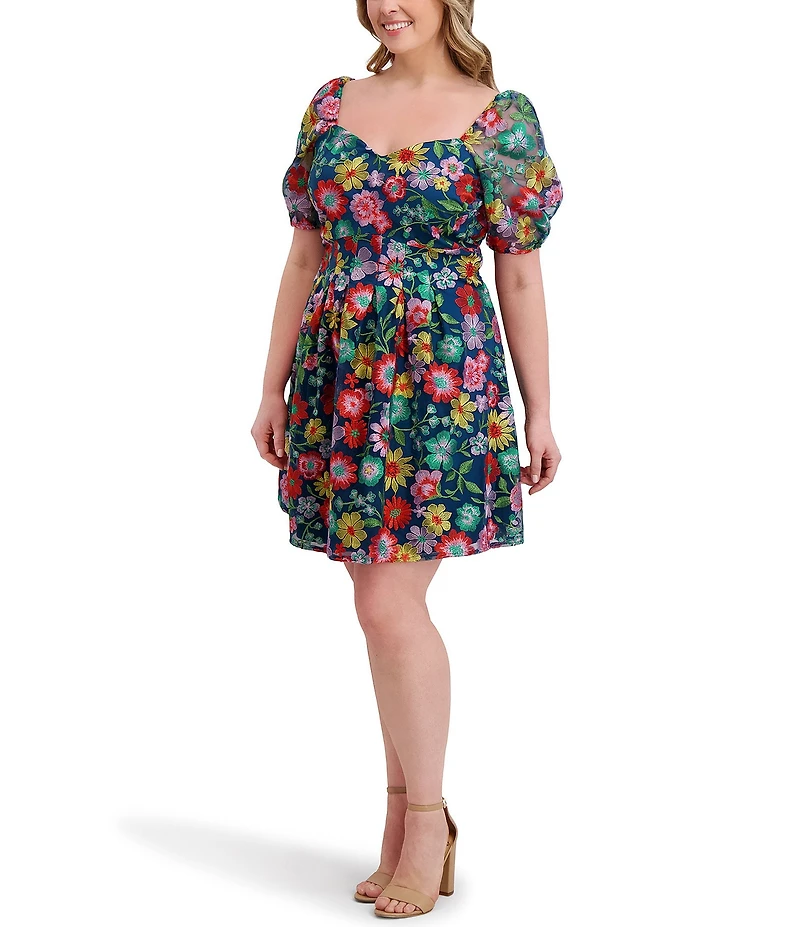 Kensie Plus Size Floral Embriodered Mesh Square Neck Short Puff Sleeve A-Line Dress