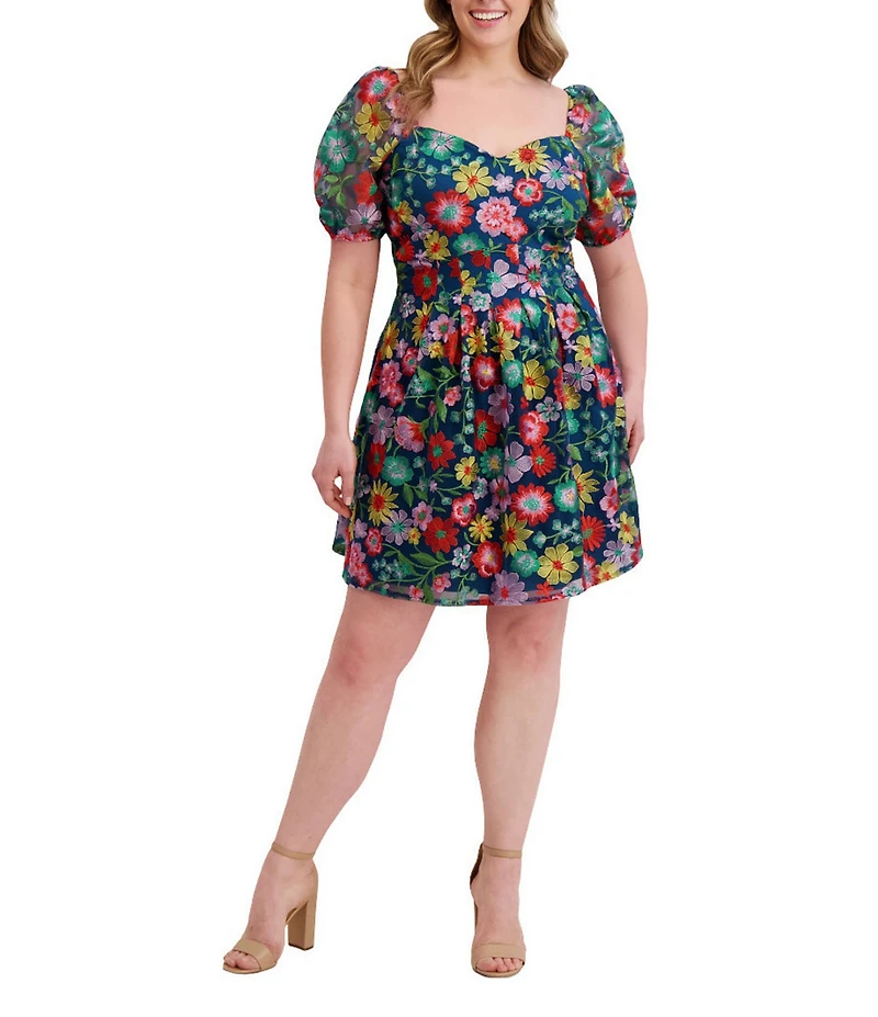 Kensie Plus Size Floral Embriodered Mesh Square Neck Short Puff Sleeve A-Line Dress