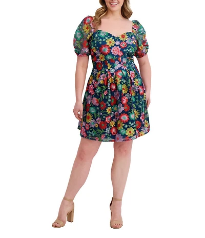Kensie Plus Size Floral Embriodered Mesh Square Neck Short Puff Sleeve A-Line Dress