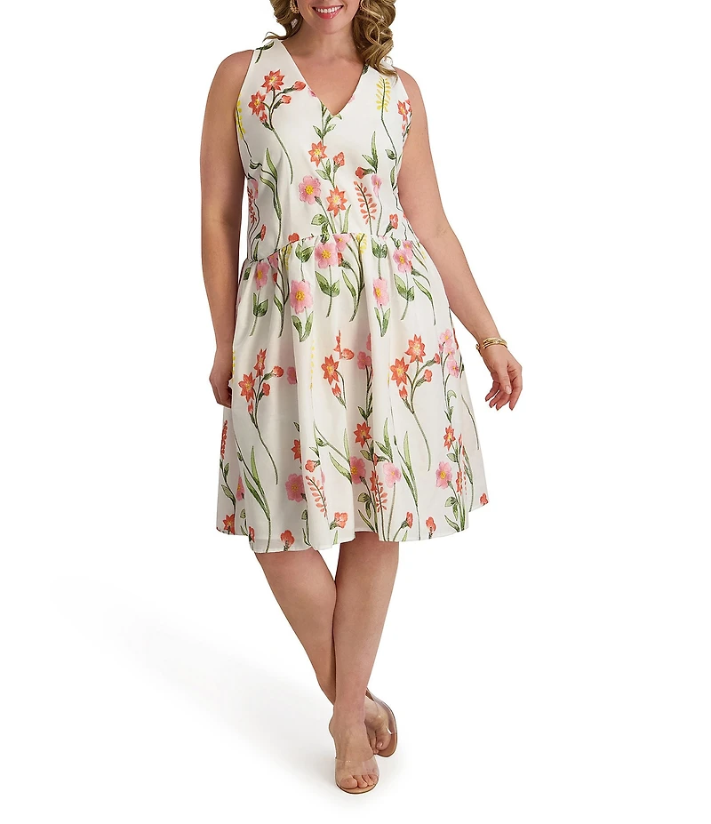 Kensie Plus Size Embroidered Floral V-Neck Sleeveless A-Line Dress