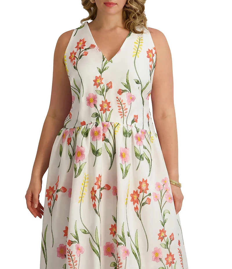 Kensie Plus Size Embroidered Floral V-Neck Sleeveless A-Line Dress