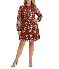 Kensie Plus Size Embroidered Mesh Long Sleeve Collared Shirt Dress