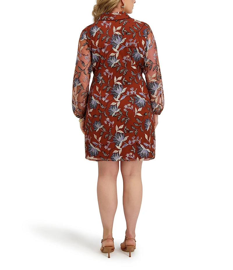 Kensie Plus Size Embroidered Mesh Long Sleeve Collared Shirt Dress