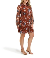 Kensie Plus Size Embroidered Mesh Long Sleeve Collared Shirt Dress