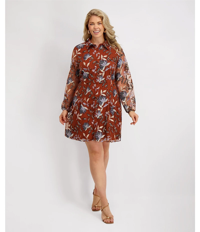 Kensie Plus Size Embroidered Mesh Long Sleeve Collared Shirt Dress