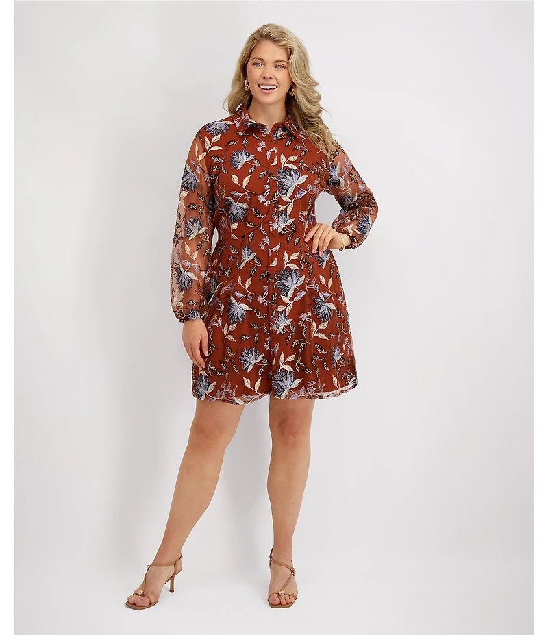 Kensie Plus Size Embroidered Mesh Long Sleeve Collared Shirt Dress