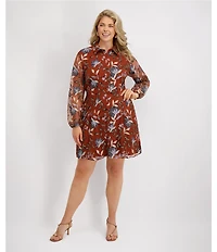 Kensie Plus Size Embroidered Mesh Long Sleeve Collared Shirt Dress