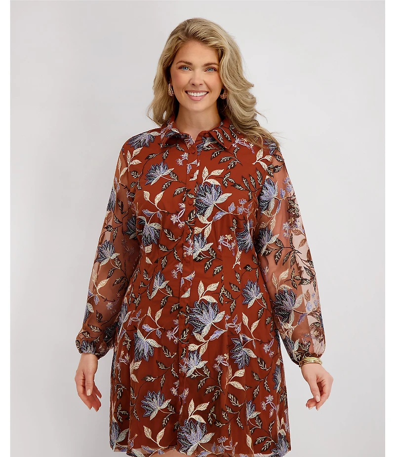 Kensie Plus Size Embroidered Mesh Long Sleeve Collared Shirt Dress