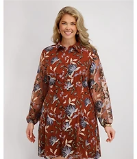 Kensie Plus Size Embroidered Mesh Long Sleeve Collared Shirt Dress