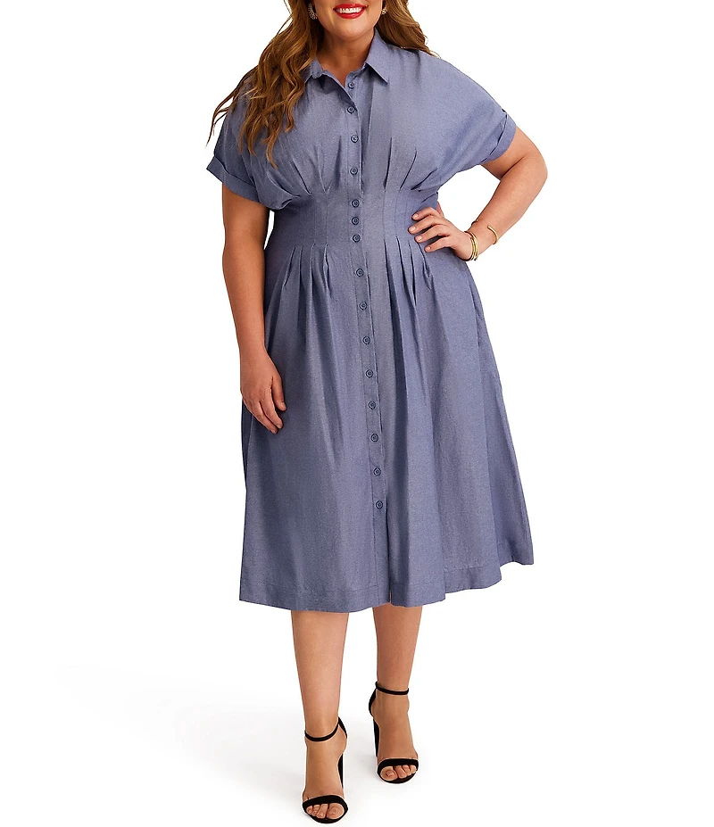 Kensie Plus Size Faux Linen Structured Waist Pleated Midi Shirt Dress
