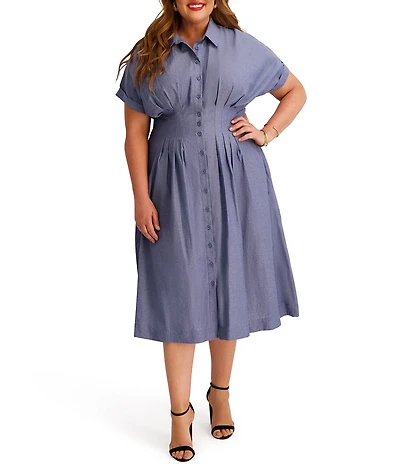 Kensie Plus Size Faux Linen Structured Waist Pleated Midi Shirt Dress