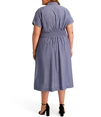 Kensie Plus Size Faux Linen Structured Waist Pleated Midi Shirt Dress