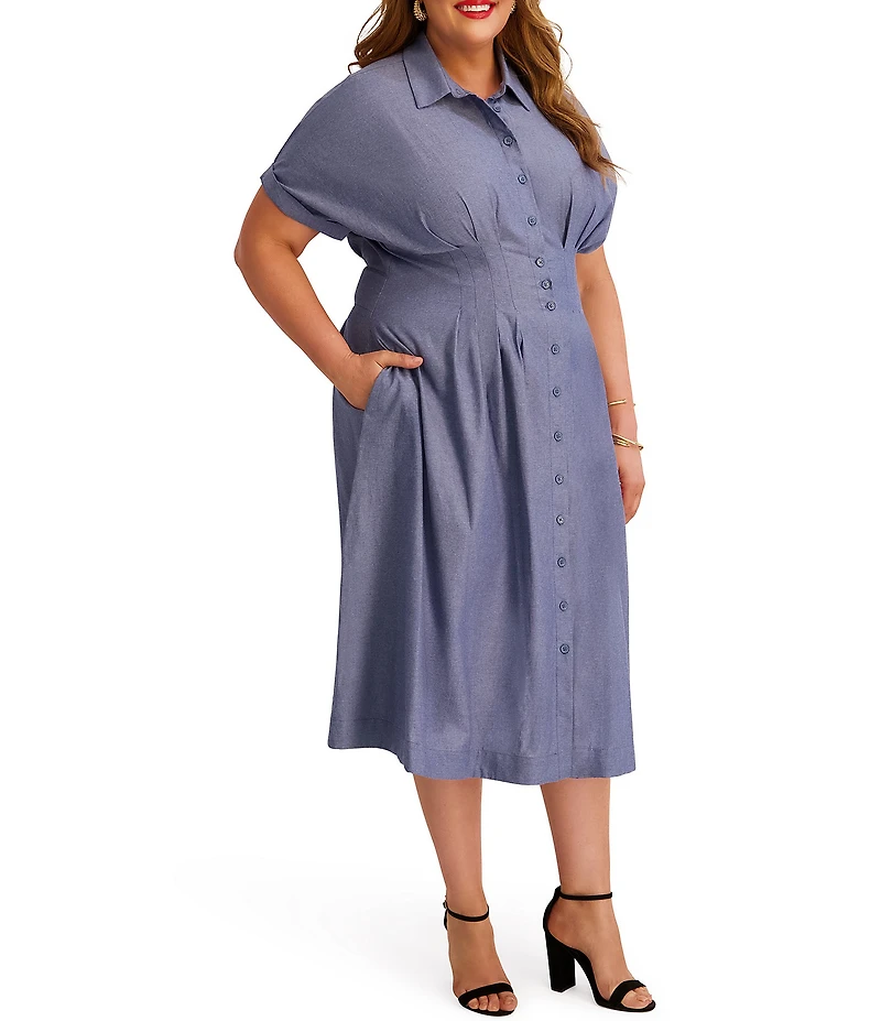 Kensie Plus Size Faux Linen Structured Waist Pleated Midi Shirt Dress