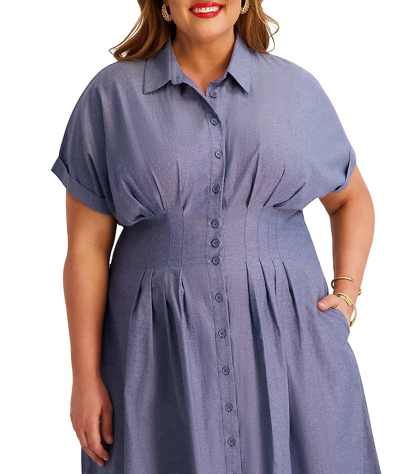 Kensie Plus Size Faux Linen Structured Waist Pleated Midi Shirt Dress