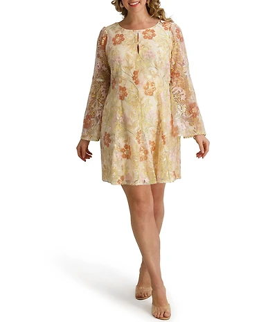 Kensie Plus Size Floral Embroidered Mesh Keyhole Neckline Long Bell Sleeve Dress