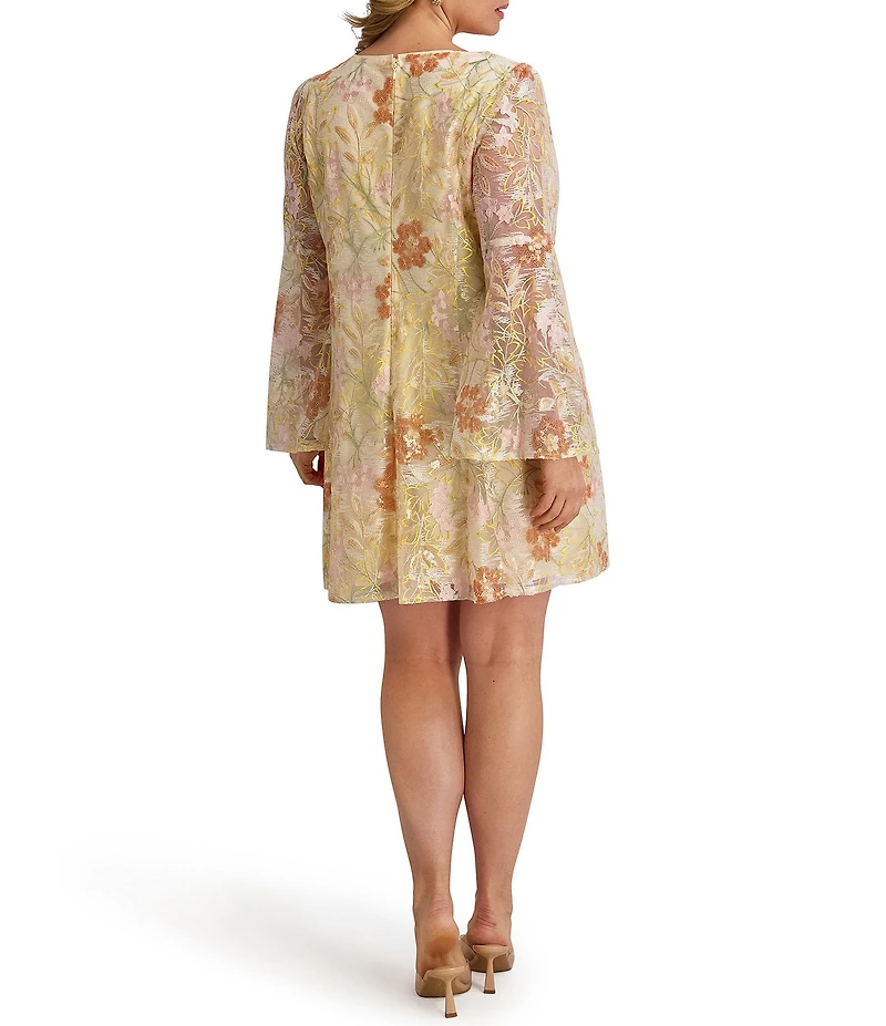 Kensie Plus Size Floral Embroidered Mesh Keyhole Neckline Long Bell Sleeve Dress