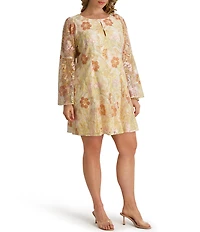 Kensie Plus Size Floral Embroidered Mesh Keyhole Neckline Long Bell Sleeve Dress