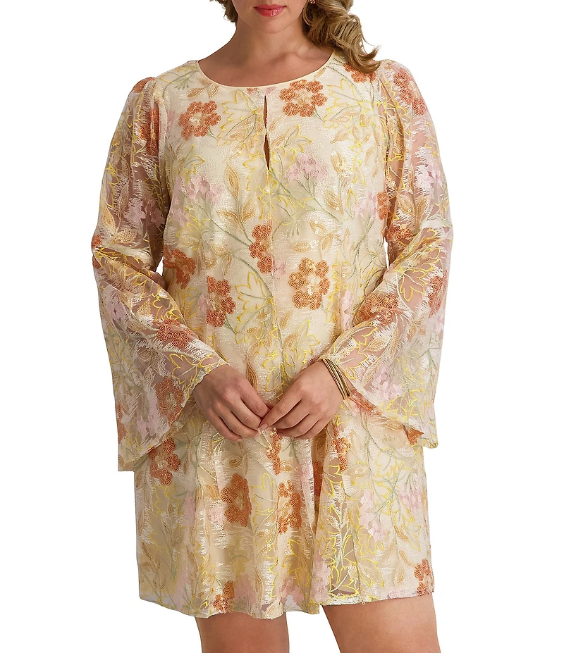 Kensie Plus Size Floral Embroidered Mesh Keyhole Neckline Long Bell Sleeve Dress
