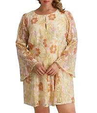 Kensie Plus Size Floral Embroidered Mesh Keyhole Neckline Long Bell Sleeve Dress