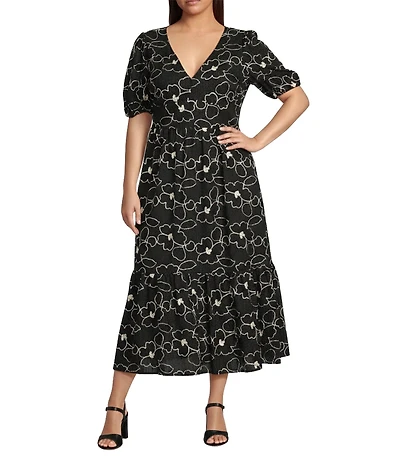 Kensie Plus Size Floral Print Embroidered Lurex Woven V-Neck Knot Twist Short Sleeve Maxi Dress