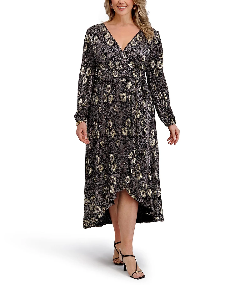 Kensie Plus Size Floral Print Foil Woven Long Sleeve Belted Faux Wrap Midi Dress