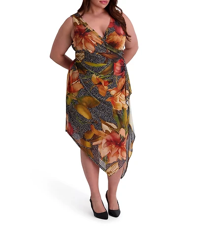 Kensie Plus Size Floral Print Sleeveless Faux Wrap Midi Dress