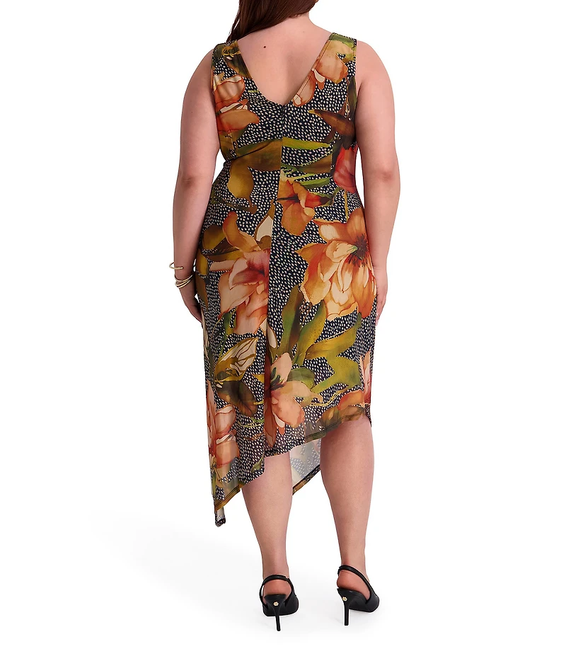 Kensie Plus Size Floral Print Sleeveless Faux Wrap Midi Dress