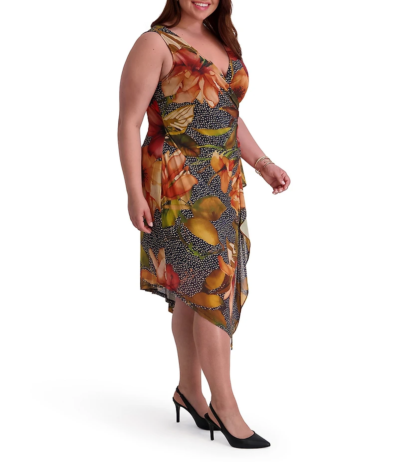 Kensie Plus Size Floral Print Sleeveless Faux Wrap Midi Dress