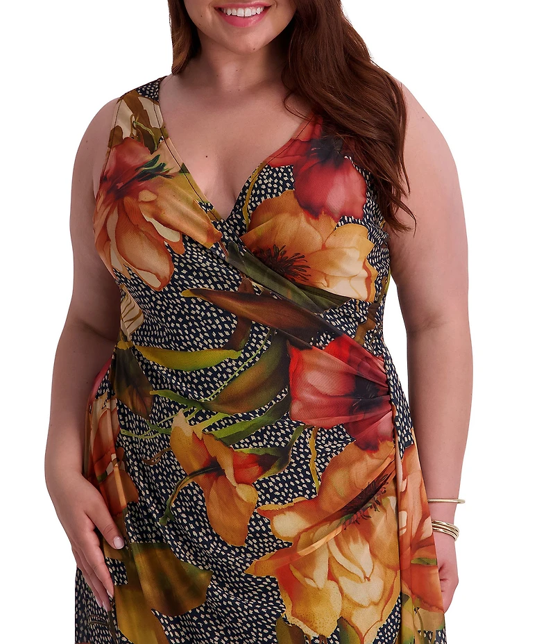 Kensie Plus Size Floral Print Sleeveless Faux Wrap Midi Dress