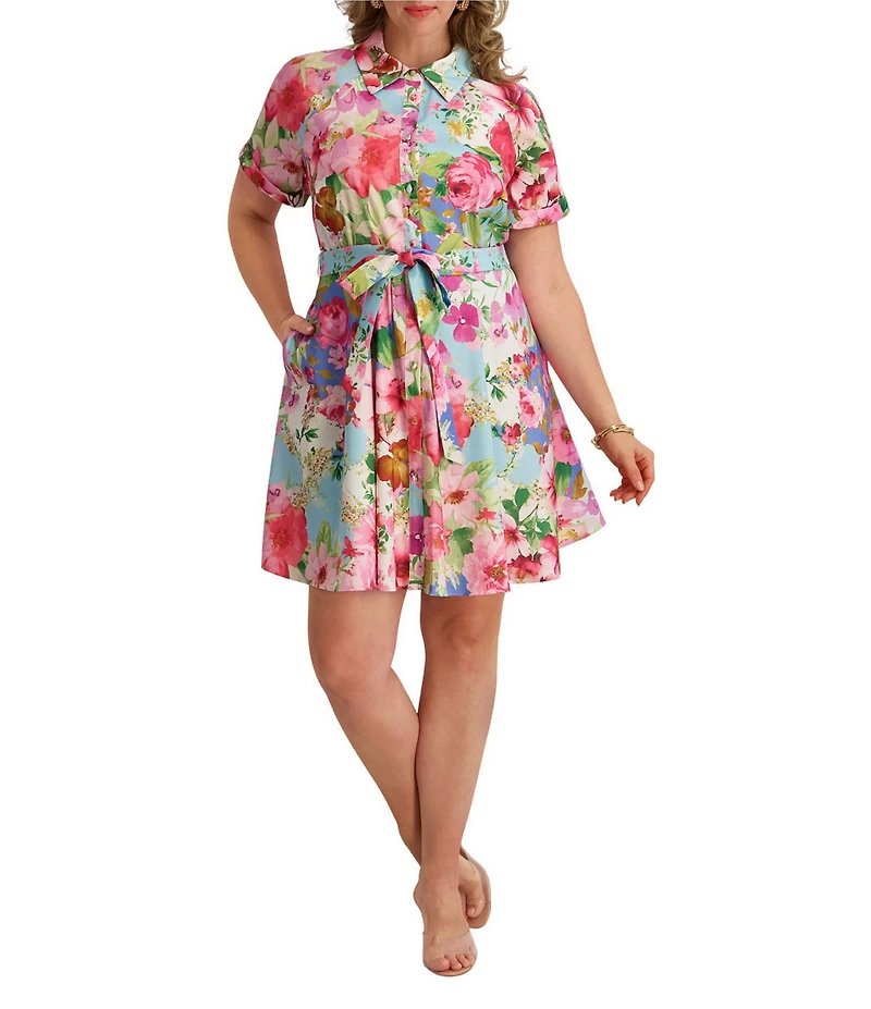 Kensie Plus Size Floral Print Textured Stretch Taffeta Shirt Dress