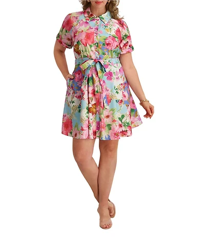 Kensie Plus Size Floral Print Textured Stretch Taffeta Shirt Dress