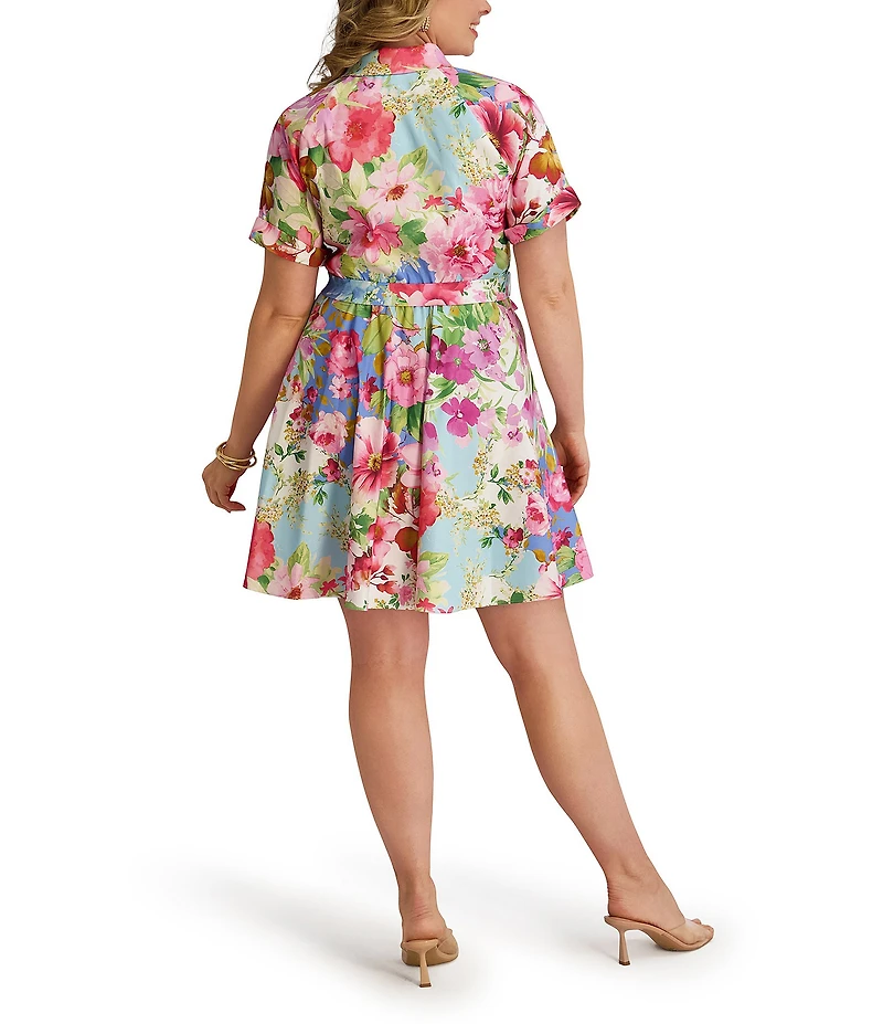 Kensie Plus Size Floral Print Textured Stretch Taffeta Shirt Dress