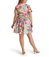 Kensie Plus Size Floral Print Textured Stretch Taffeta Shirt Dress