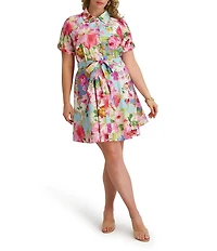 Kensie Plus Size Floral Print Textured Stretch Taffeta Shirt Dress