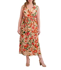 Kensie Plus Size Floral Print Belted Textured Woven Dress