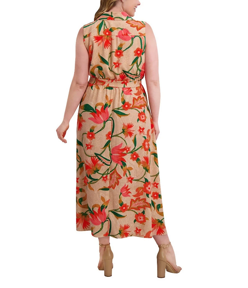 Kensie Plus Size Floral Print Belted Textured Woven Dress