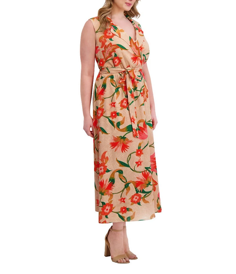 Kensie Plus Size Floral Print Belted Textured Woven Dress
