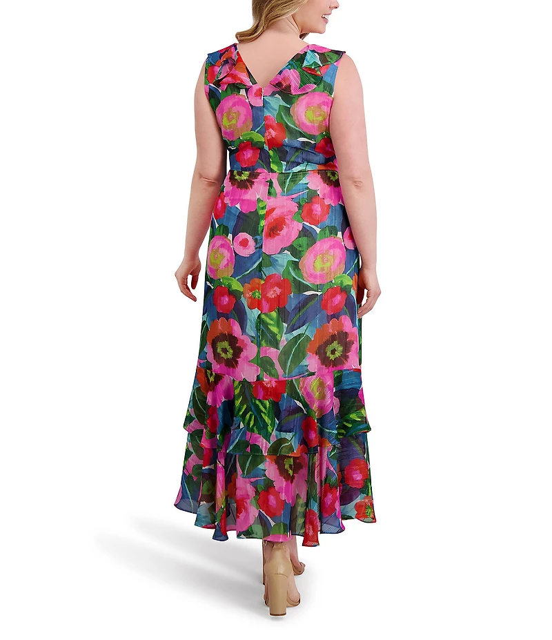 Kensie Plus Size Floral Printed High-Low Hem Chiffon Dress