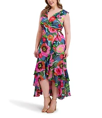 Kensie Plus Size Floral Printed High-Low Hem Chiffon Dress