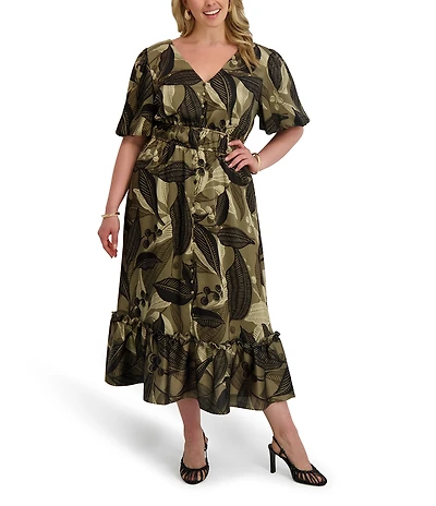 Kensie Plus Size Floral Printed V-Neck Short Sleeve Tiered Hem Satin A-Line Maxi Dress