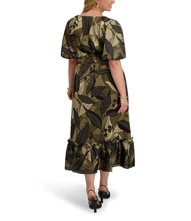Kensie Plus Size Floral Printed V-Neck Short Sleeve Tiered Hem Satin A-Line Maxi Dress