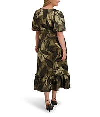 Kensie Plus Size Floral Printed V-Neck Short Sleeve Tiered Hem Satin A-Line Maxi Dress