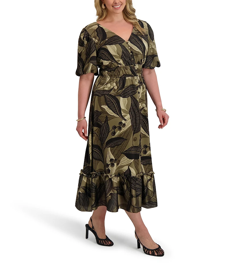 Kensie Plus Size Floral Printed V-Neck Short Sleeve Tiered Hem Satin A-Line Maxi Dress