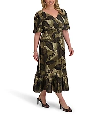 Kensie Plus Size Floral Printed V-Neck Short Sleeve Tiered Hem Satin A-Line Maxi Dress